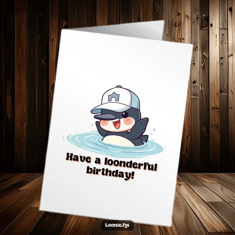 Funny Free Printable Birthday Card: Cheerful loon in a baseball cap dives headfirst into water.
