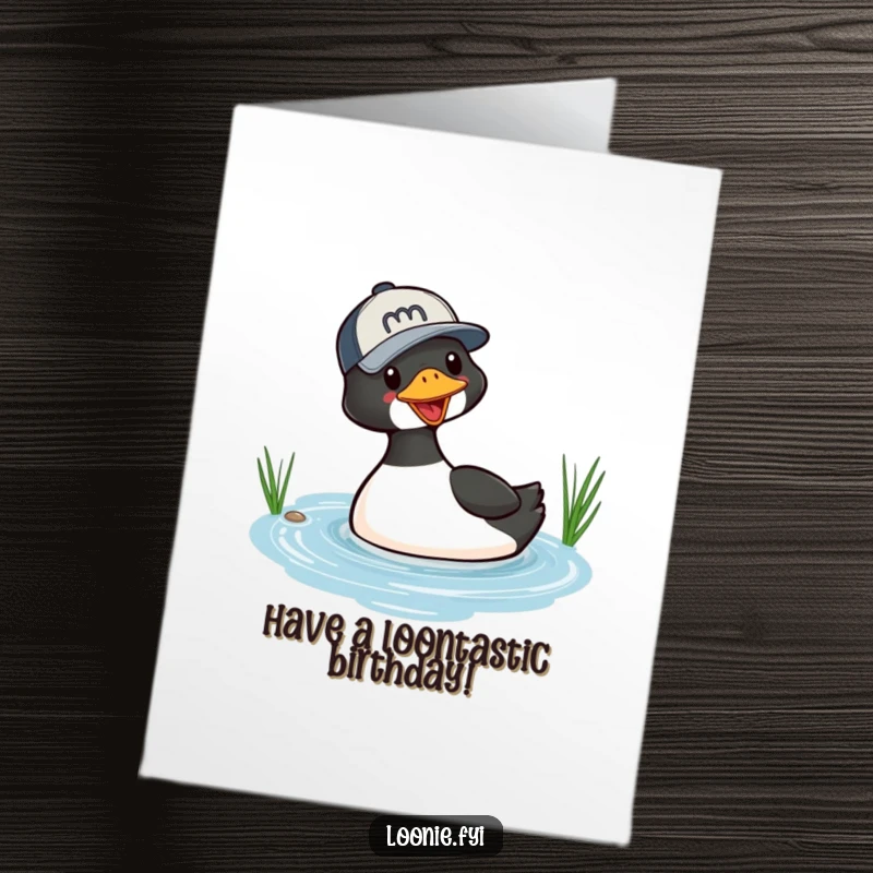 Funny Free Printable Birthday Card: A playful loon in a baseball cap makes a big splash diving into a lake.