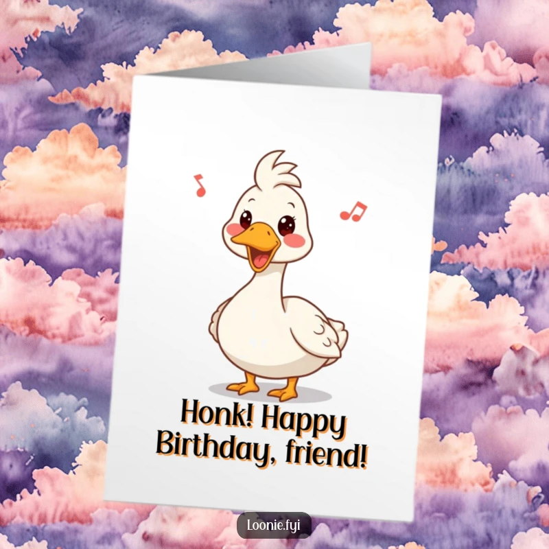 Funny Free Printable Birthday Card: A Canadian goose with a comically goofy expression honks out a happy birthday tune, spreading cheer.