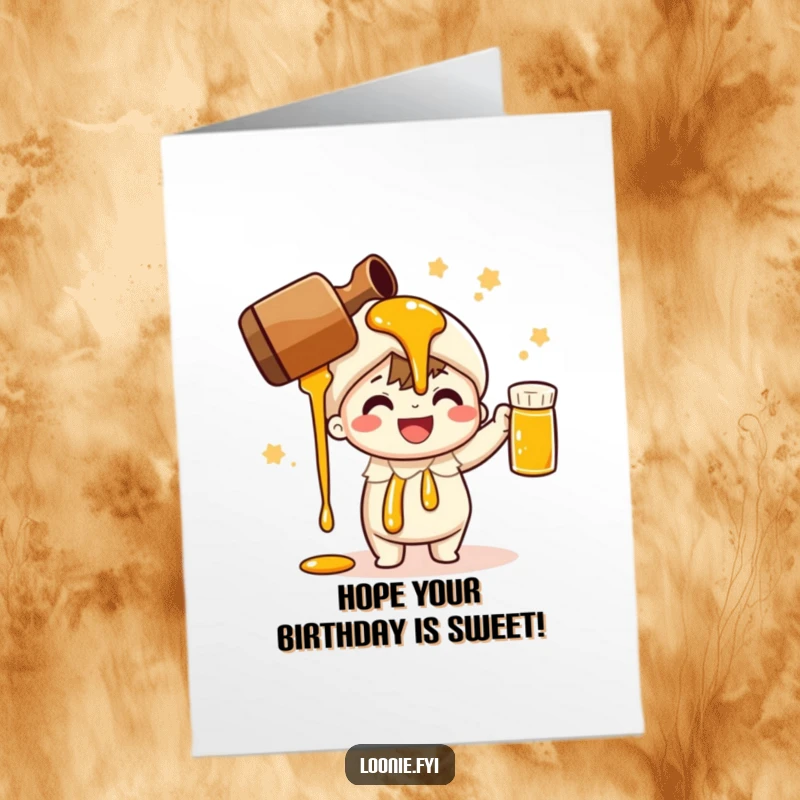Funny Free Printable Birthday Card shows a cheerful character joyfully pouring maple syrup, celebrating a sweet occasion.