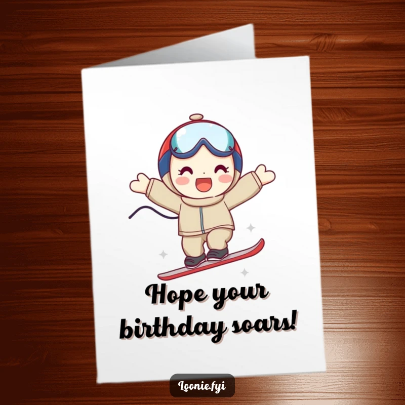 Funny Free Printable Birthday Card: Playful character smiles mid-air during a triumphant ski jump, a downloadable thrill for birthdays.
