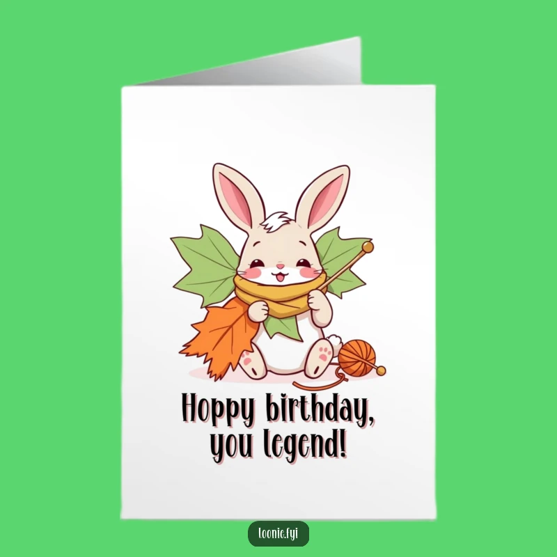 Free Printable Birthday Card: Cheerful Bunny Knitting Maple Leaf - Downloadable Fun