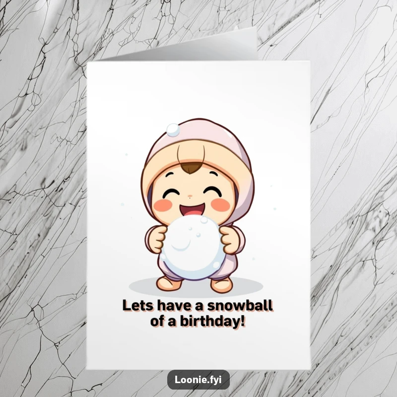 Funny Free Printable Birthday Card: Smiling character initiates a friendly snowball fight, a playful downloadable greeting for winter birthdays.