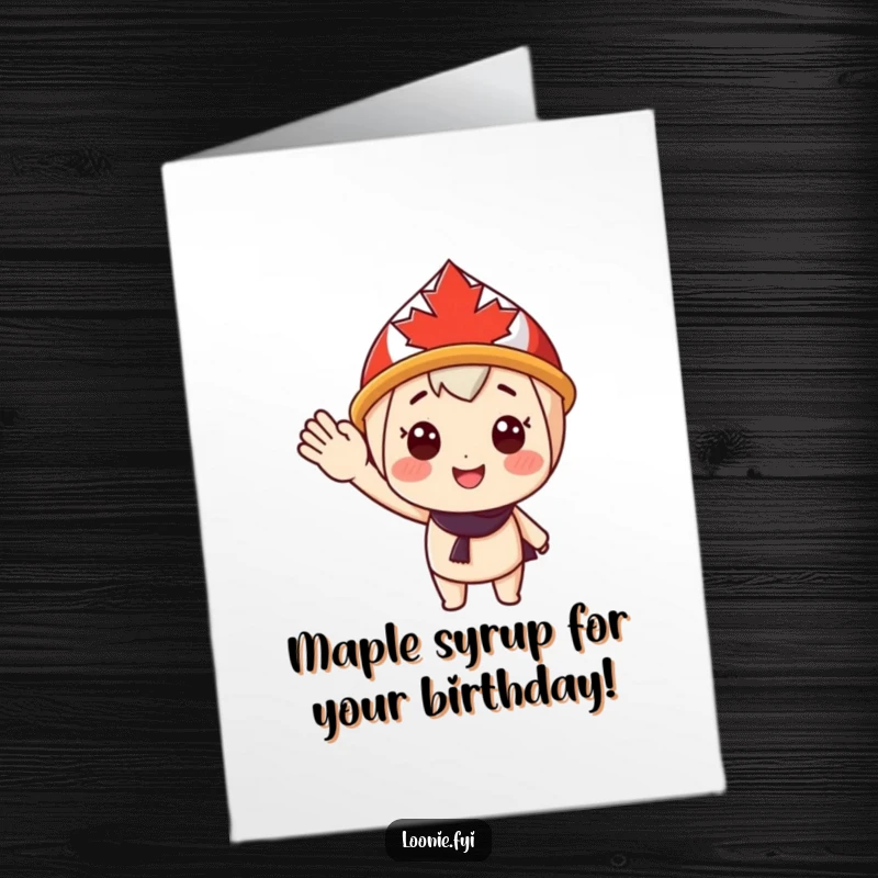 Funny Free Printable Birthday Card featuring a cheerful character in a maple leaf hat, giving a friendly and humorous wave, celebrating Canadian spirit.