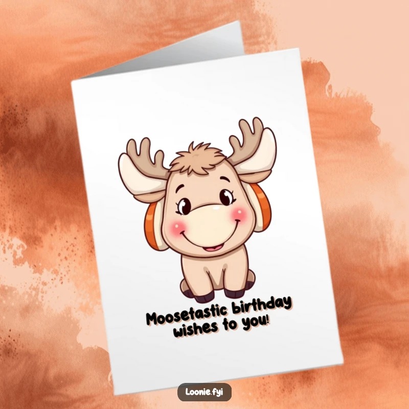 Funny Free Printable Birthday Card: A cheerful moose in ear muffs grins widely, ready to deliver birthday wishes.
