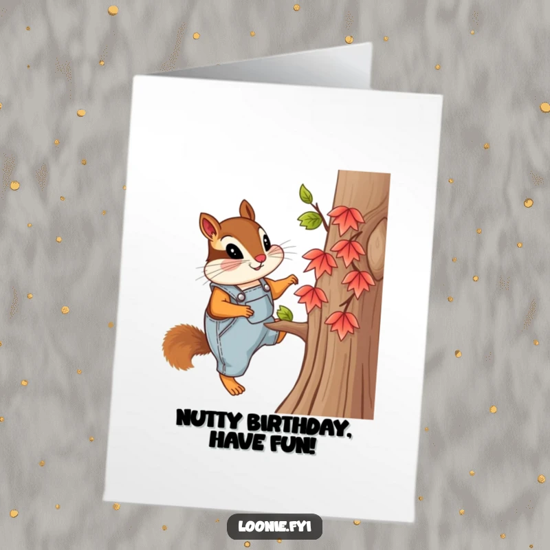 Funny Free Printable Birthday Card: Curious chipmunk in overalls climbs a tiny maple tree, celebrating your big day with outdoor fun.
