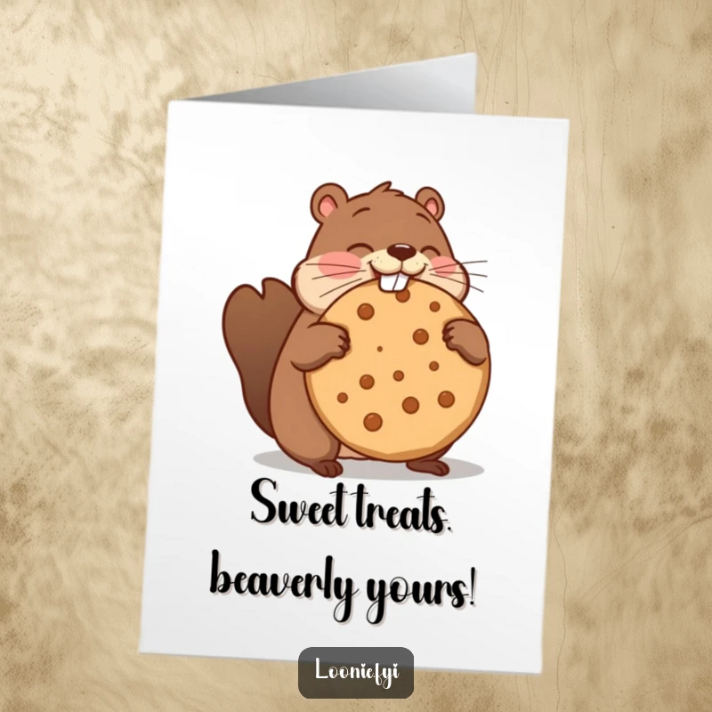 Funny Free Printable Birthday Card: Beaver comically attempting to bite a huge maple cookie, a delightful DIY gift.