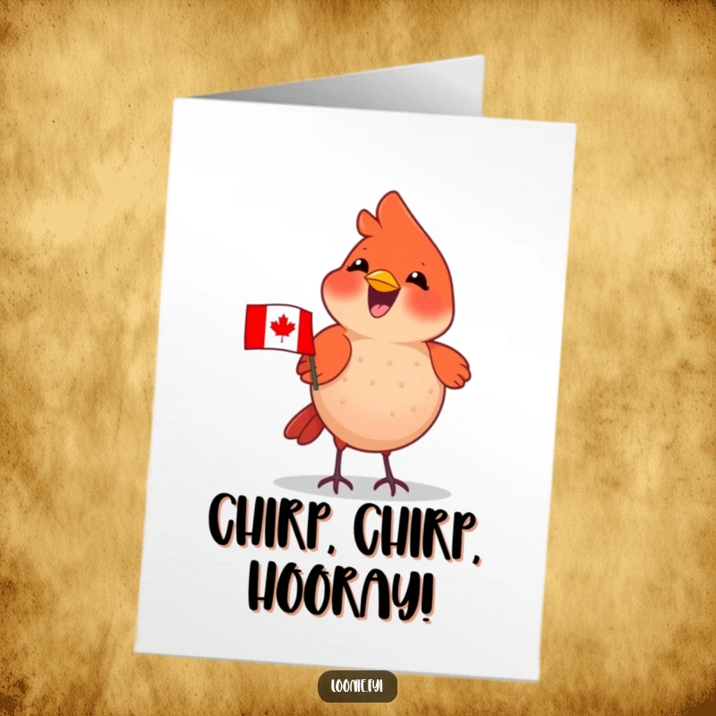 Funny Free Printable Congratulations Card: Happy cardinal with a Canadian flag chirping, perfect for a downloadable DIY gift.