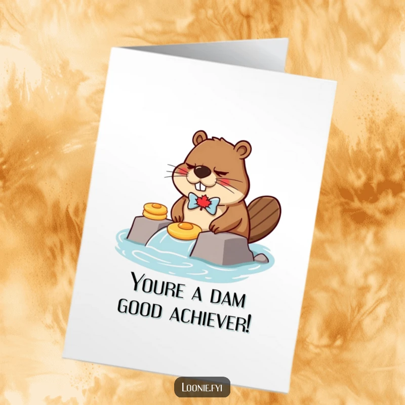 Funny Free Printable Congrats Card: Grumpy beaver wearing a bow tie builds a dam from pancakes, a quirky success.