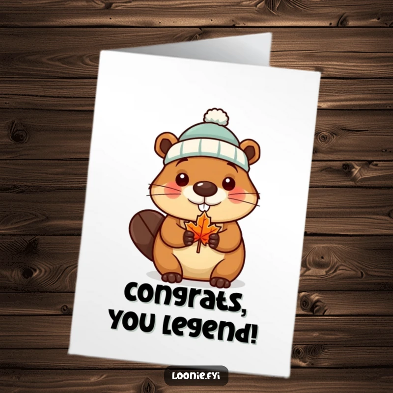 Funny Free Printable Congrats Card: Beaver wearing a toque, holding a maple leaf, celebrating success, Canadian downloadable art.