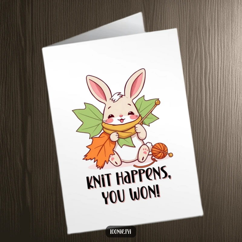 Free Printable Congrats Card: Cheerful bunny knitting a giant maple leaf scarf with oversized needles, celebrating success.