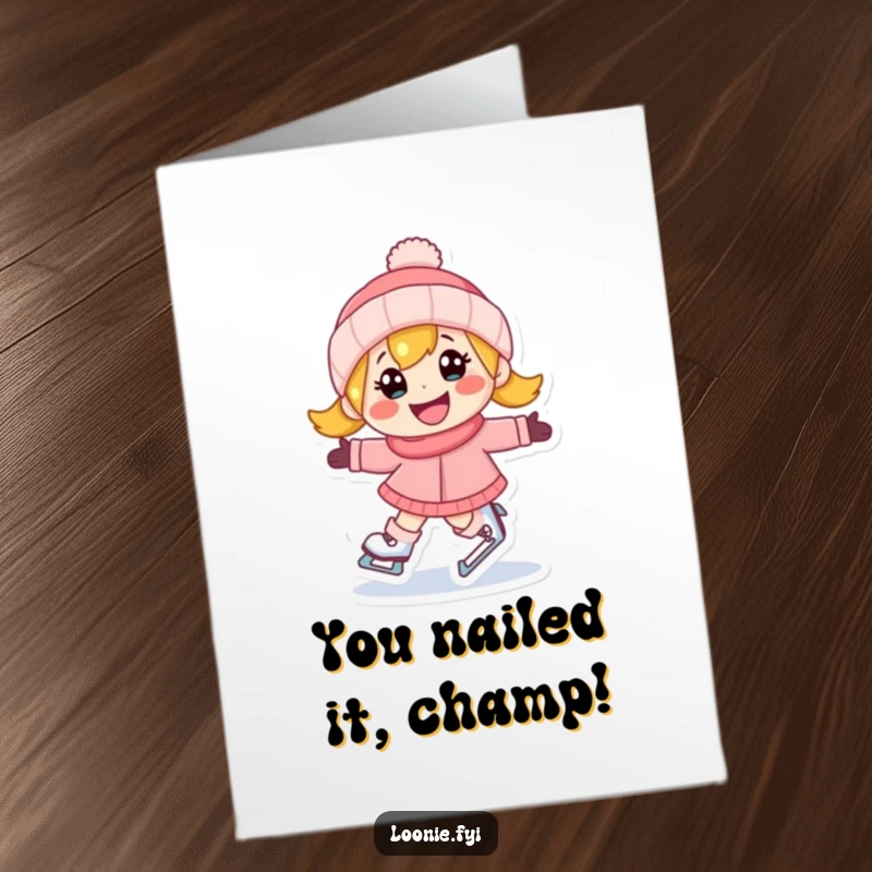 Funny Free Printable Congratulations Card features a happy, determined character ice skating with a huge grin, celebrating success.