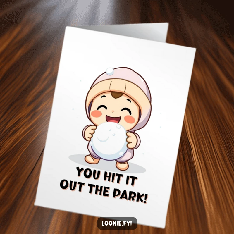 Funny Free Printable Congratulations Card: Smiling character throws a snowball with a friendly gesture, perfect for a downloadable winter win.