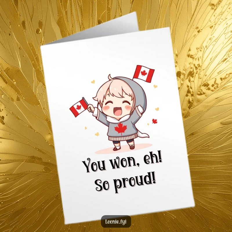 Funny Free Printable Congratulations Card showing a character waving a small Canadian flag and cheering enthusiastically, perfect for celebrating achievements humorously.