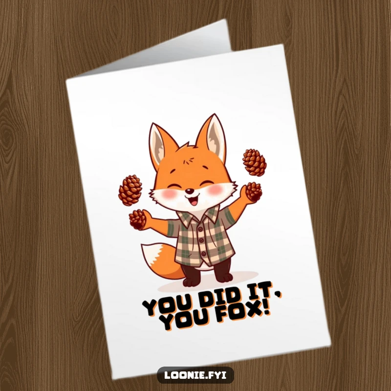 Funny Free Printable Congratulations Card: Giggling fox in plaid shirt enthusiastically juggles pinecones to mark a big achievement.
