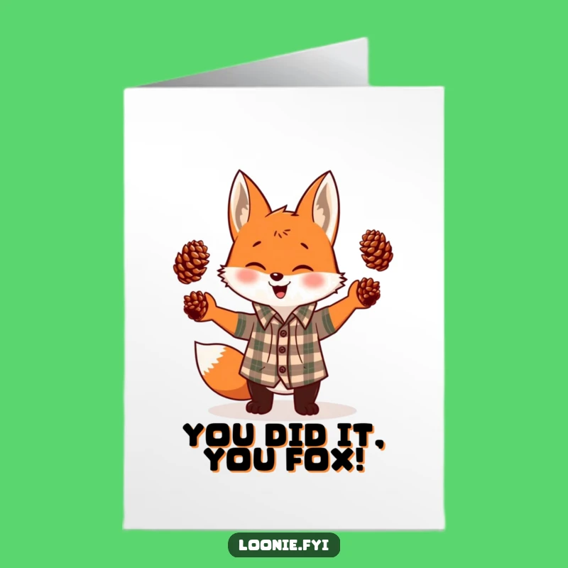 Free Printable Congratulations Card: Giggling Fox Juggling Pinecones Funny Downloadable Gift