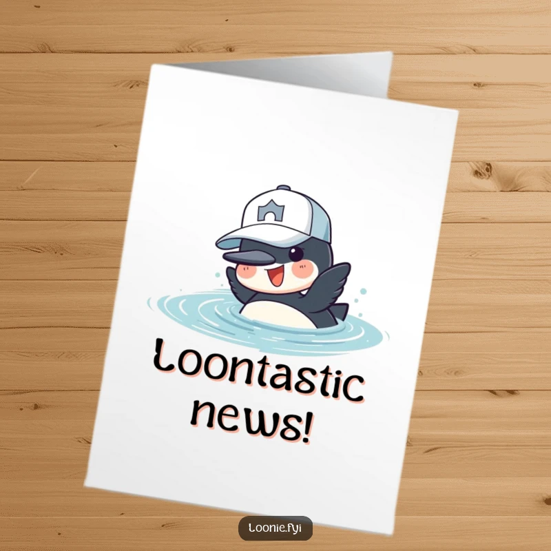 Funny Free Printable Congratulations Card: Cheerful loon wearing a baseball cap dives into water, celebrating.