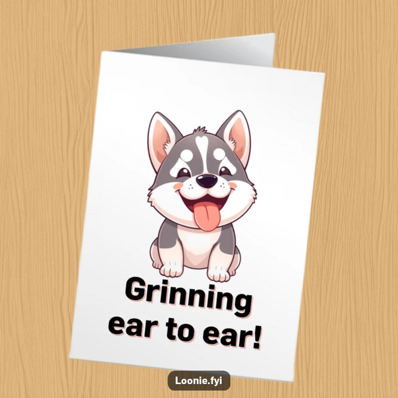 Funny Free Printable Congratulations Card: Small husky dog eagerly panting with a happy grin, ideal for celebrations.