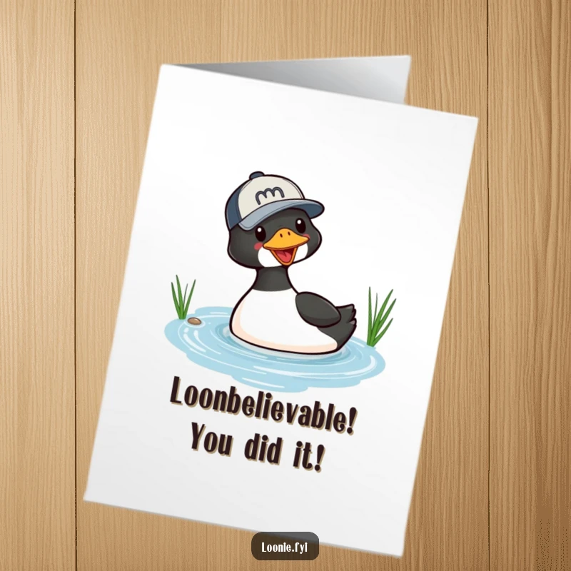 Funny Free Printable Congratulations Card: A cool loon wearing a baseball cap dives headfirst into a lake, celebrating success.