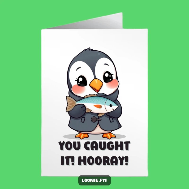 Free Printable Congratulations Card: Delighted Puffin with Fish, Funny Downloadable Gift