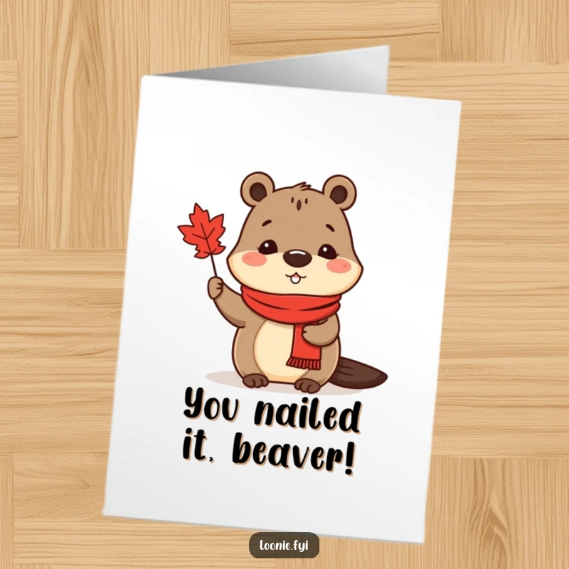 Funny Free Printable Congrats Card: A cute beaver in a red scarf waves a small maple leaf to celebrate.