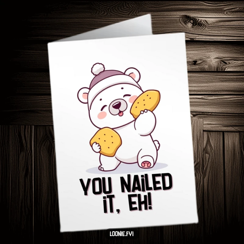 Funny Free Printable Congrats Card: Polar bear in toque hilariously fails to catch flying poutine, celebrating success.