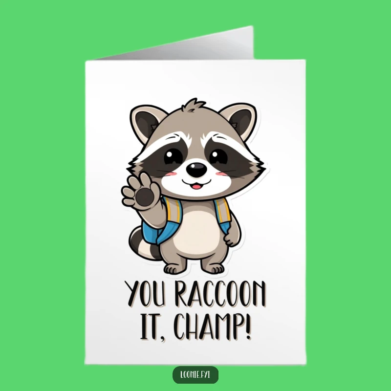 Free Printable Congrats Card: Winking Raccoon Backpack, Funny Downloadable for New Adventures