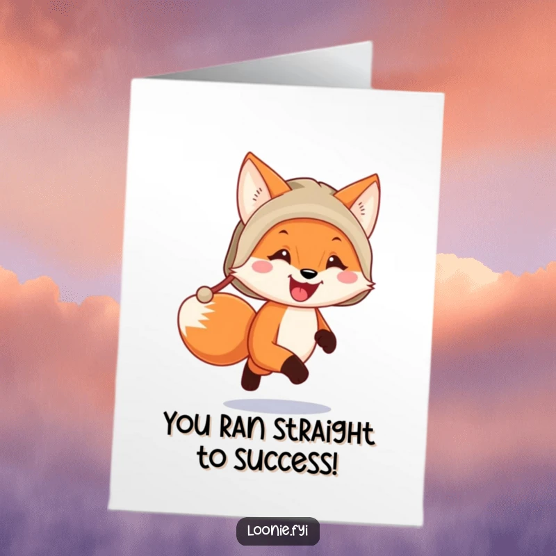 Free Printable Congratulations Card: A funny fox wearing a trapper hat, running, conveying cheerful congratulations, a great downloadable gift.