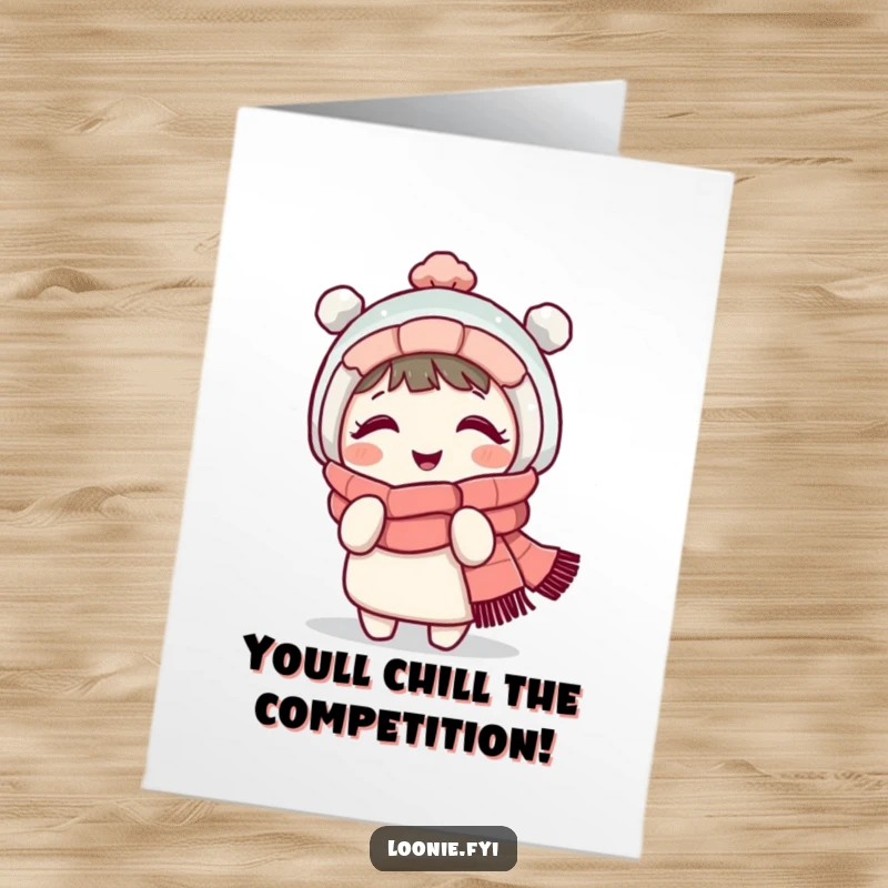 Funny Free Printable Congratulations Card: Giggling character in scarf playfully shivering, perfect for a downloadable winter-themed celebration.