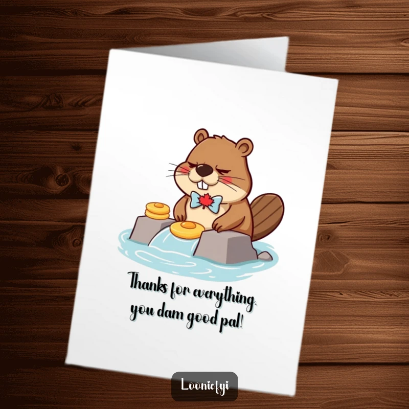Funny Free Printable Thank You Card: Grumpy beaver trying to build a dam with pancakes, a humorous thank you.