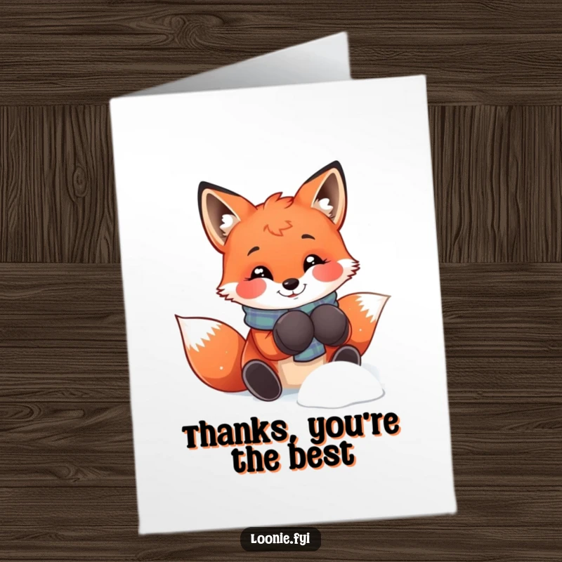 Funny Free Printable Fox Thank You Card: A smiling red fox in mittens, playing in snow, offering downloadable thanks with a warm heart.