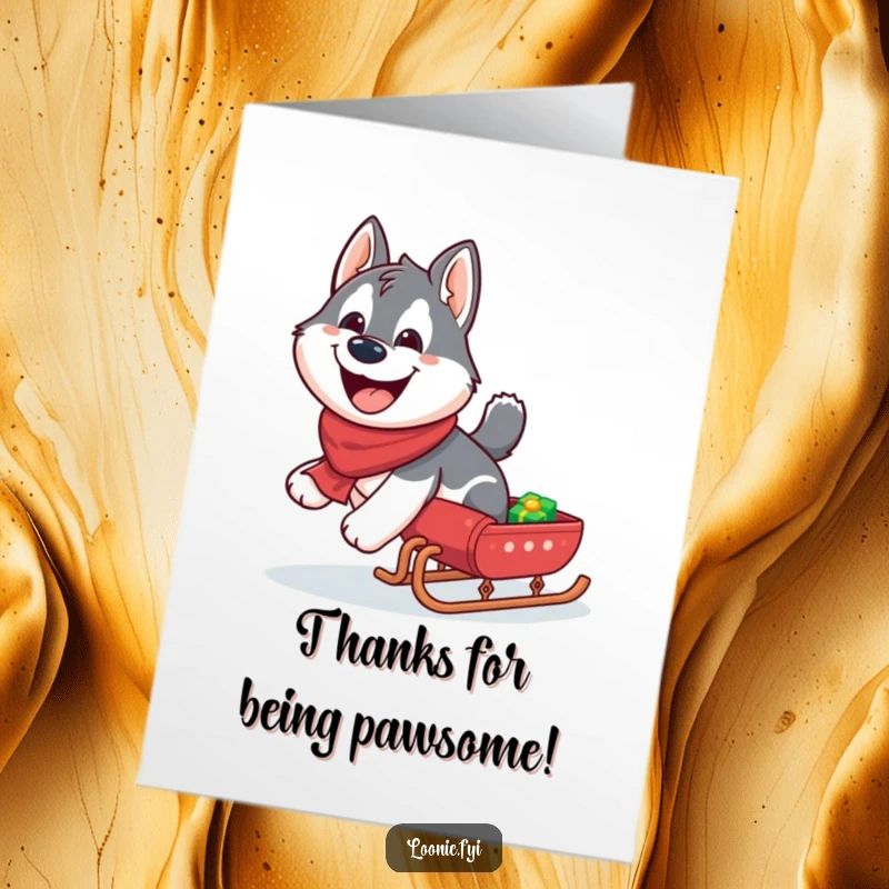 Funny Free Printable Thank You Card: Giggling husky pulling a sleigh with a grin, a downloadable DIY gift of thanks.