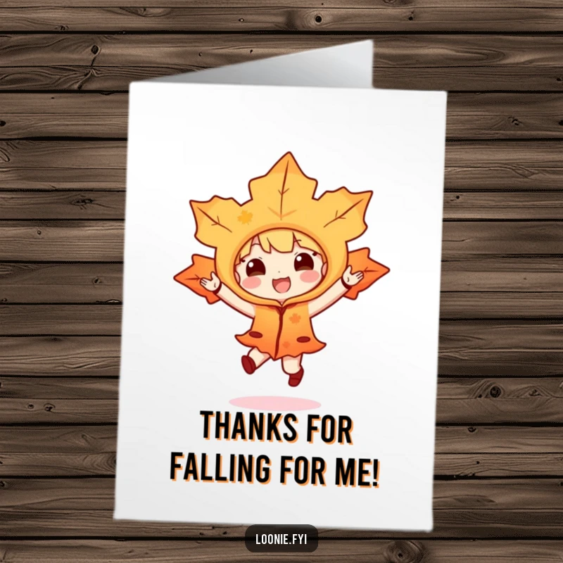 Funny Free Printable Thank You Card: A maple leaf character hopping playfully, expressing thanks, ideal for print at home.