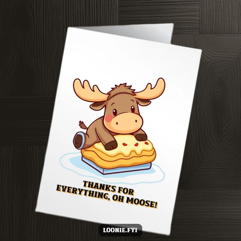 Funny Free Printable Thank You Card: A moose hilariously attempting to ice skate on a poutine, showing gratitude.