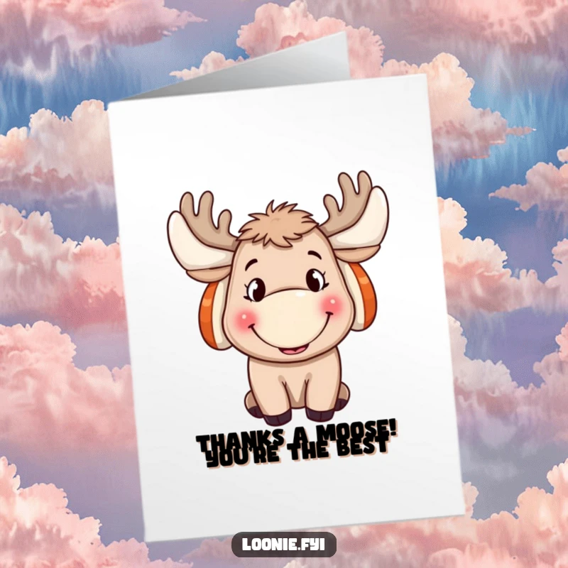 Funny Free Printable Thank You Card: A grinning moose in ear muffs expresses thanks with a cheerful, silly vibe.