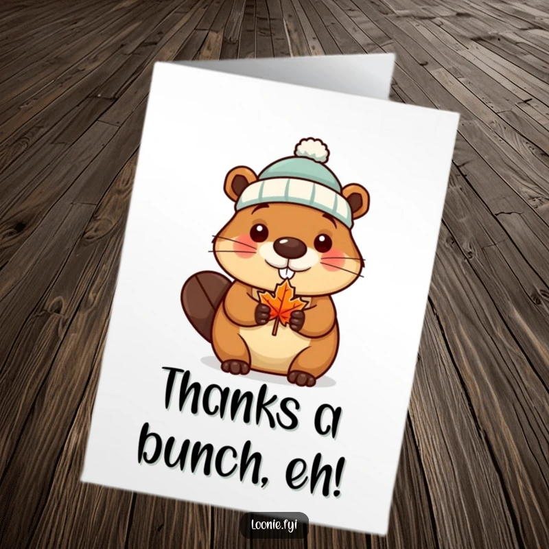 Funny Free Printable Thank You Card: Beaver wearing a toque, holding a maple leaf, expressing thanks Canadian style, downloadable art.