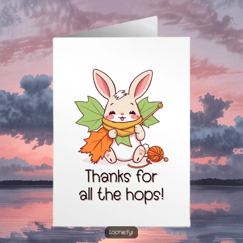 Free Printable Thank You Card: Cheerful bunny knitting a giant maple leaf scarf with oversized needles, showing thanks.