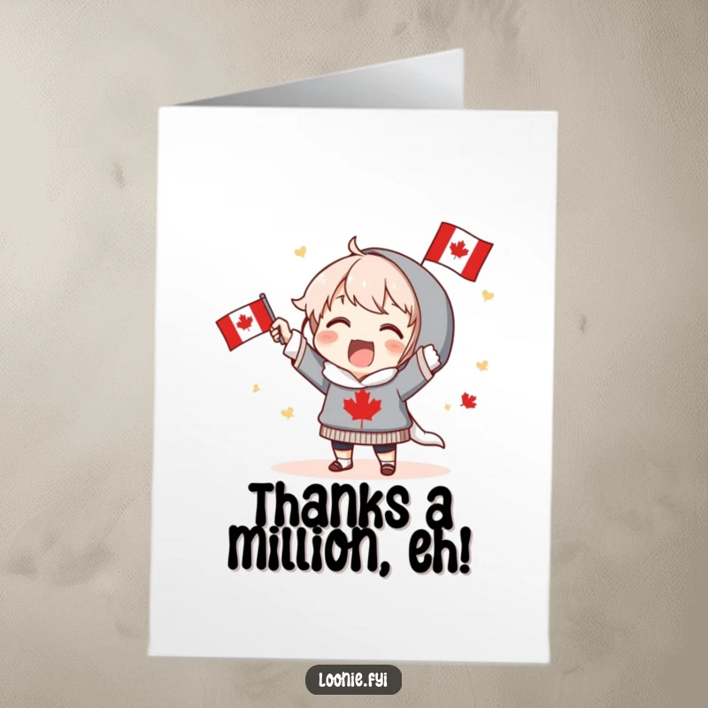 Funny Free Printable Thank You Card featuring a character cheering with a miniature Canadian flag, offering a humorous and spirited way to say thank you.
