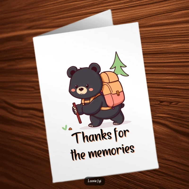 Free Printable Thank You Card: A content black bear with a backpack looks back while exploring, a symbol of thankful reflection.