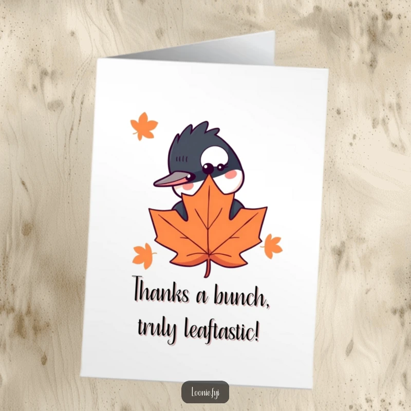 Funny Free Printable Thank You Card: A curious loon pops its head out from a maple leaf, offering thanks with a grin.