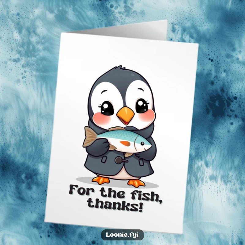 Funny Free Printable Thank You Card: A delighted puffin in a coat holds a fish, conveying thanks with a cheerful expression.