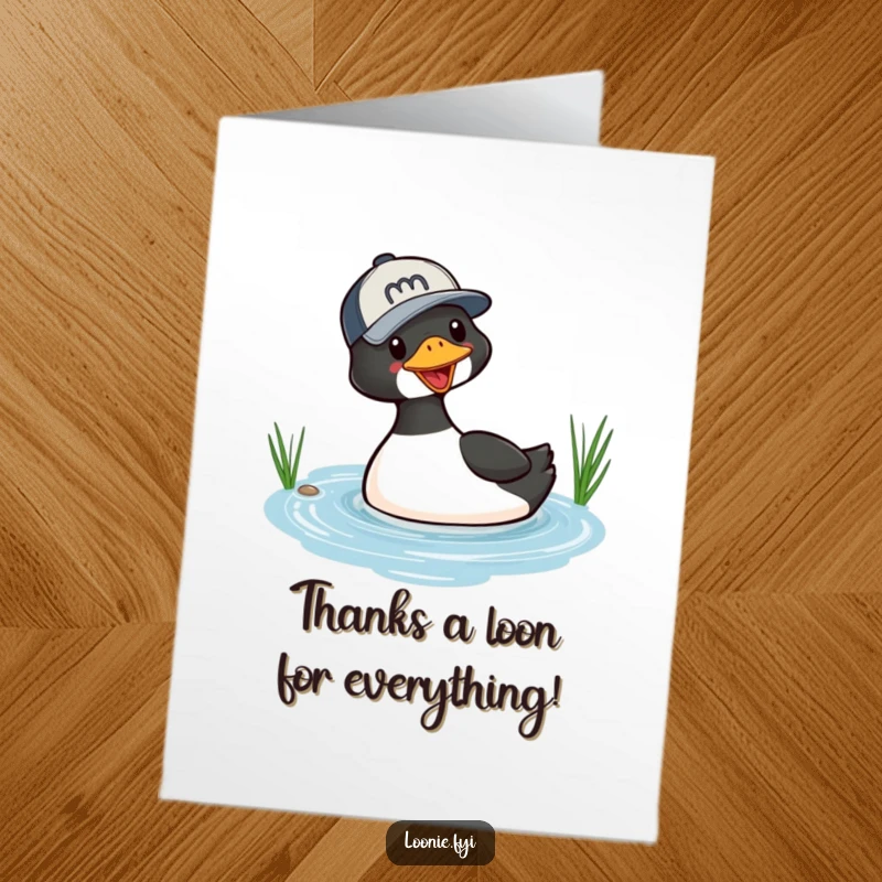 Funny Free Printable Thank You Card: A loon sporting a baseball cap performs a dramatic dive into a lake, thanking you.