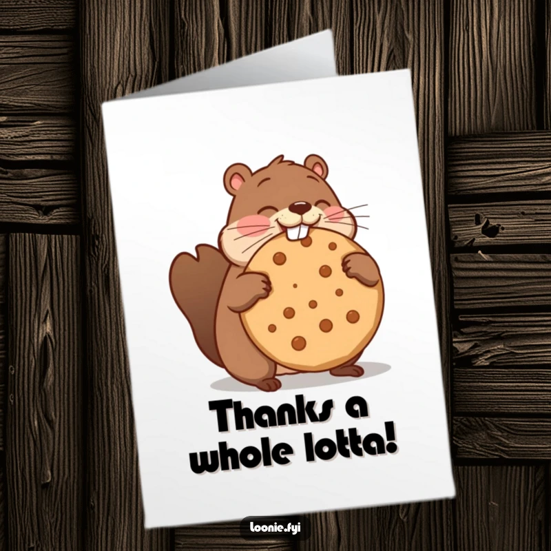 Funny Free Printable Thank You Card: Beaver comically trying to eat a giant maple cookie, a unique DIY gift.