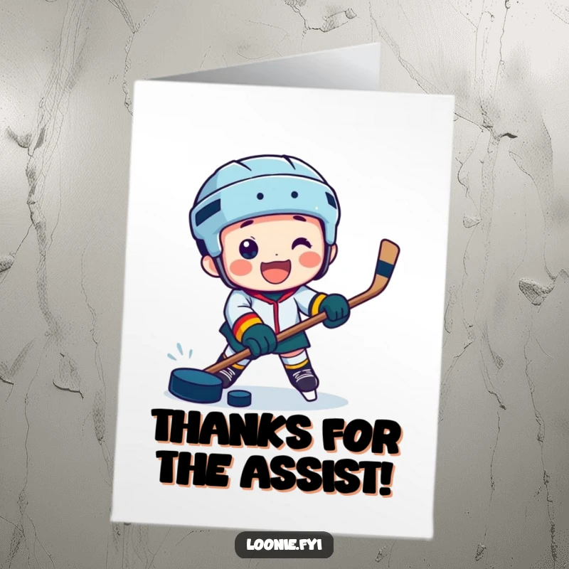 Funny Free Printable Thank You Card shows a jubilant character playing hockey with a puck, expressing thanks.