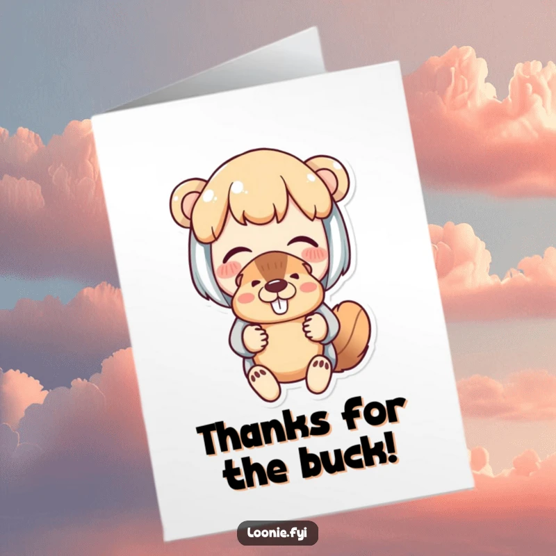 Funny Free Printable Thank You Card shows a delighted character holding a beaver puppet with fond amusement, sending thanks.