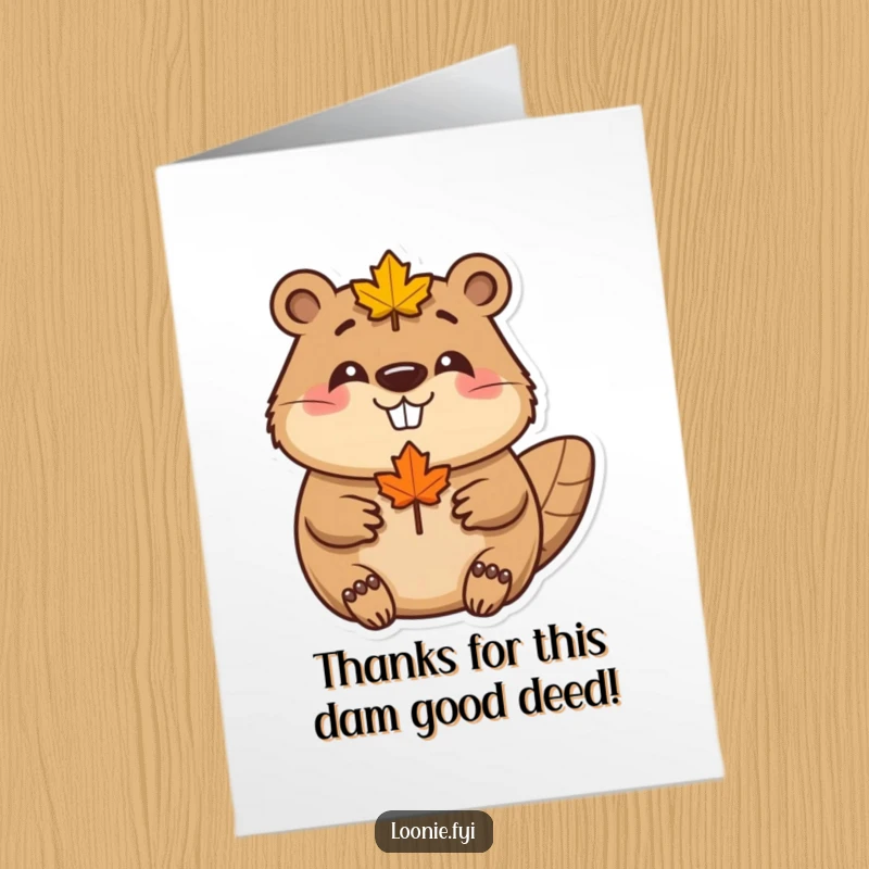 Funny Free Printable Thank You Card: A happy beaver with a maple leaf, expressing thanks with a smile.