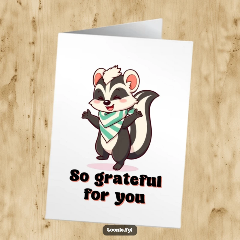 Funny Free Printable Thank You Card: A skunk with a bandana does a happy dance, expressing thanks with infectious energy.