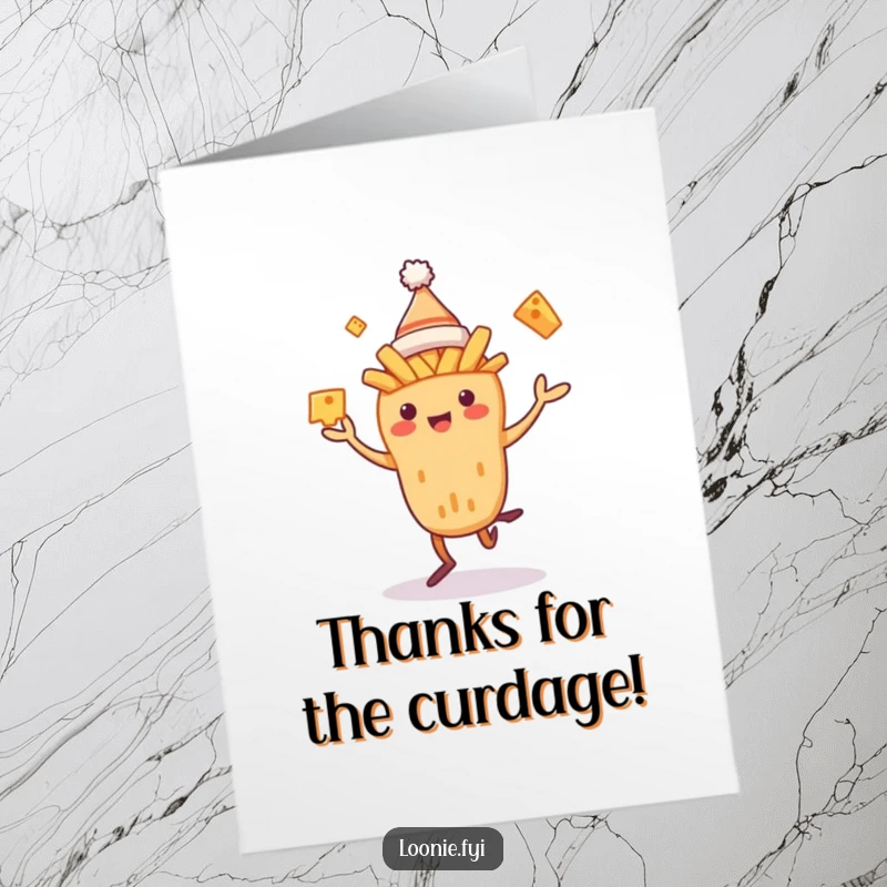 Funny Free Printable Thank You Card: A smiling poutine creature wearing a small toque and tossing cheese curds.