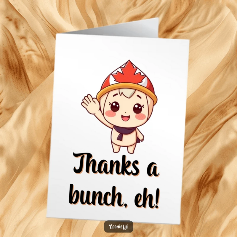 Funny Free Printable Thank You Card featuring a character in a maple leaf hat, giving a friendly and humorous wave to express heartfelt thanks.