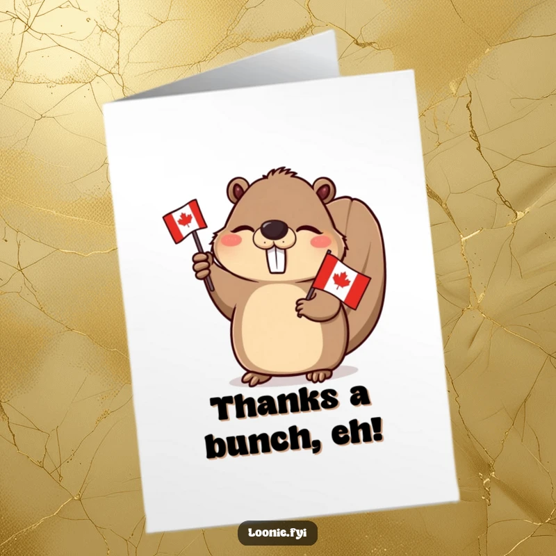 Funny Free Printable Thank You Card: Winking beaver waving a Canadian flag, showing thanks. Cute downloadable art.